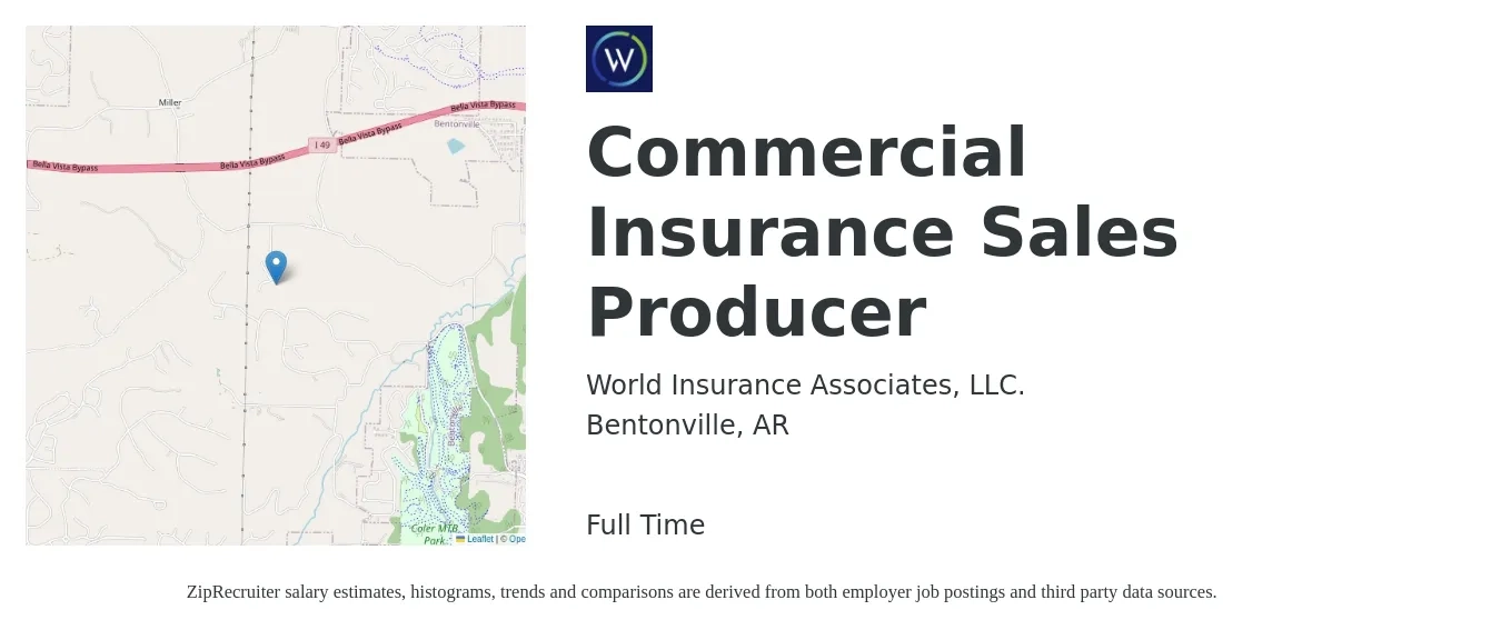 World Insurance Associates, LLC. job posting for a Commercial Insurance Sales Producer in Bentonville, AR with a salary of $36,200 to $50,200 Yearly with a map of Bentonville location.