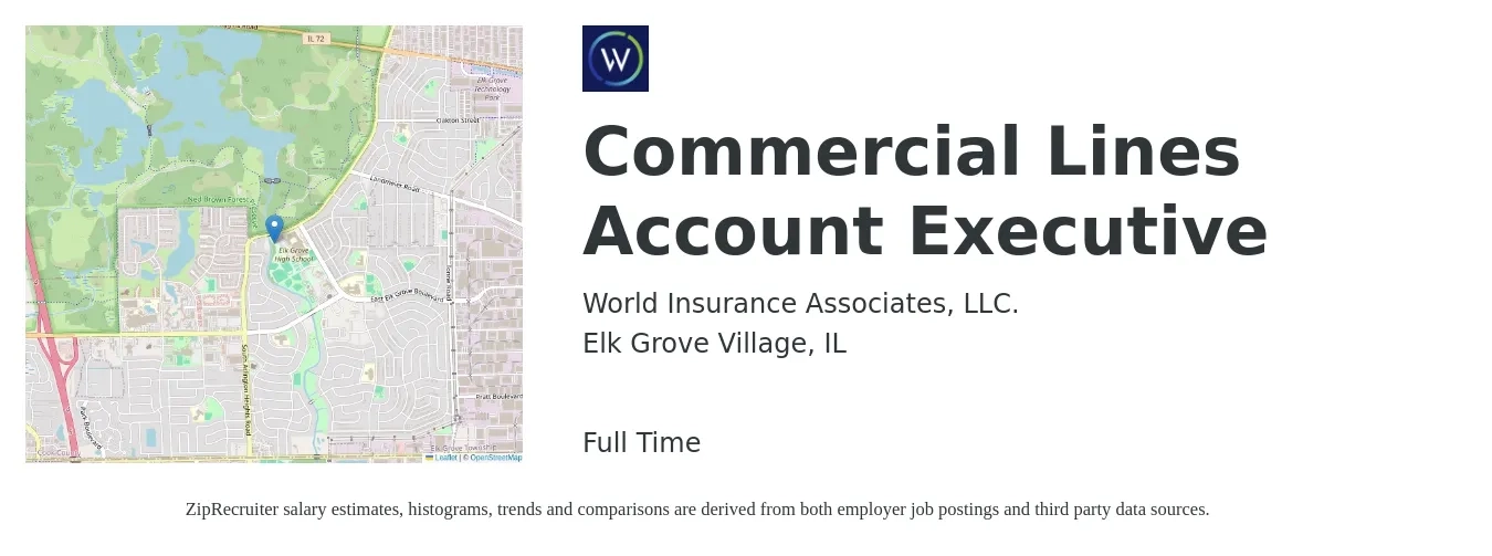 World Insurance Associates, LLC. job posting for a Commercial Lines Account Executive in Elk Grove Village, IL with a salary of $59,600 to $114,800 Yearly with a map of Elk Grove Village location.