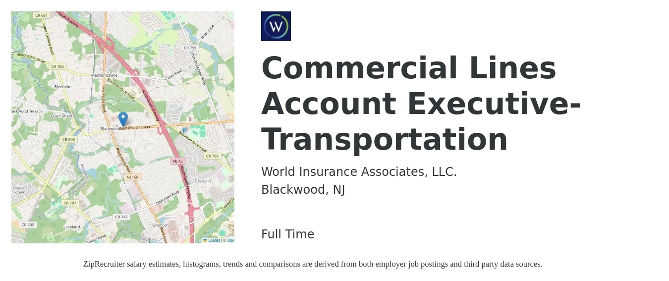World Insurance Associates, LLC. job posting for a Commercial Lines Account Executive- Transportation in Blackwood, NJ with a salary of $60,100 to $115,800 Yearly with a map of Blackwood location.