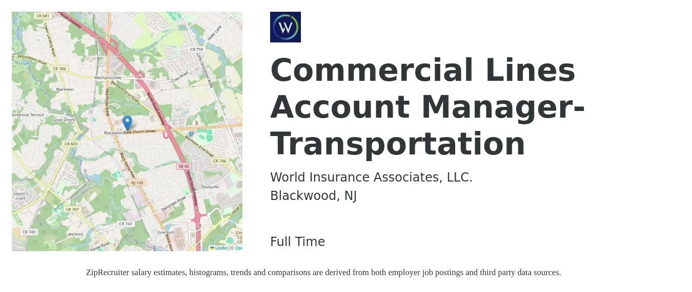 World Insurance Associates, LLC. job posting for a Commercial Lines Account Manager- Transportation in Blackwood, NJ with a salary of $55,200 to $80,000 Yearly with a map of Blackwood location.