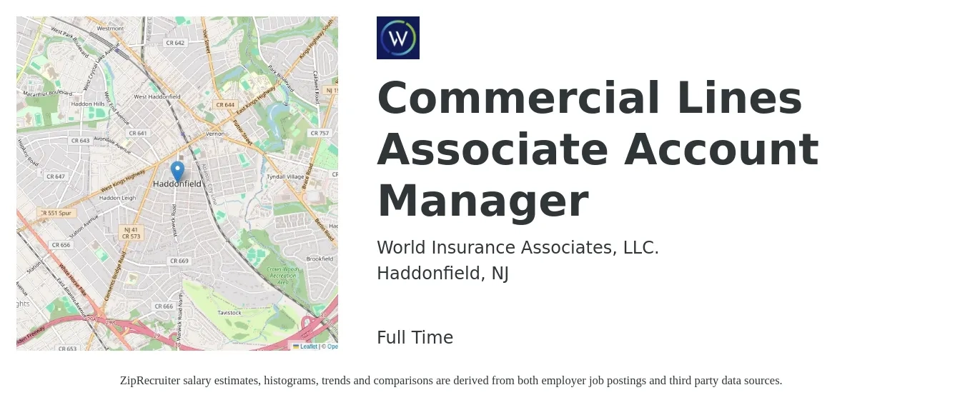 World Insurance Associates, LLC. job posting for a Commercial Lines Associate Account Manager in Haddonfield, NJ with a salary of $53,500 to $77,600 Yearly with a map of Haddonfield location.