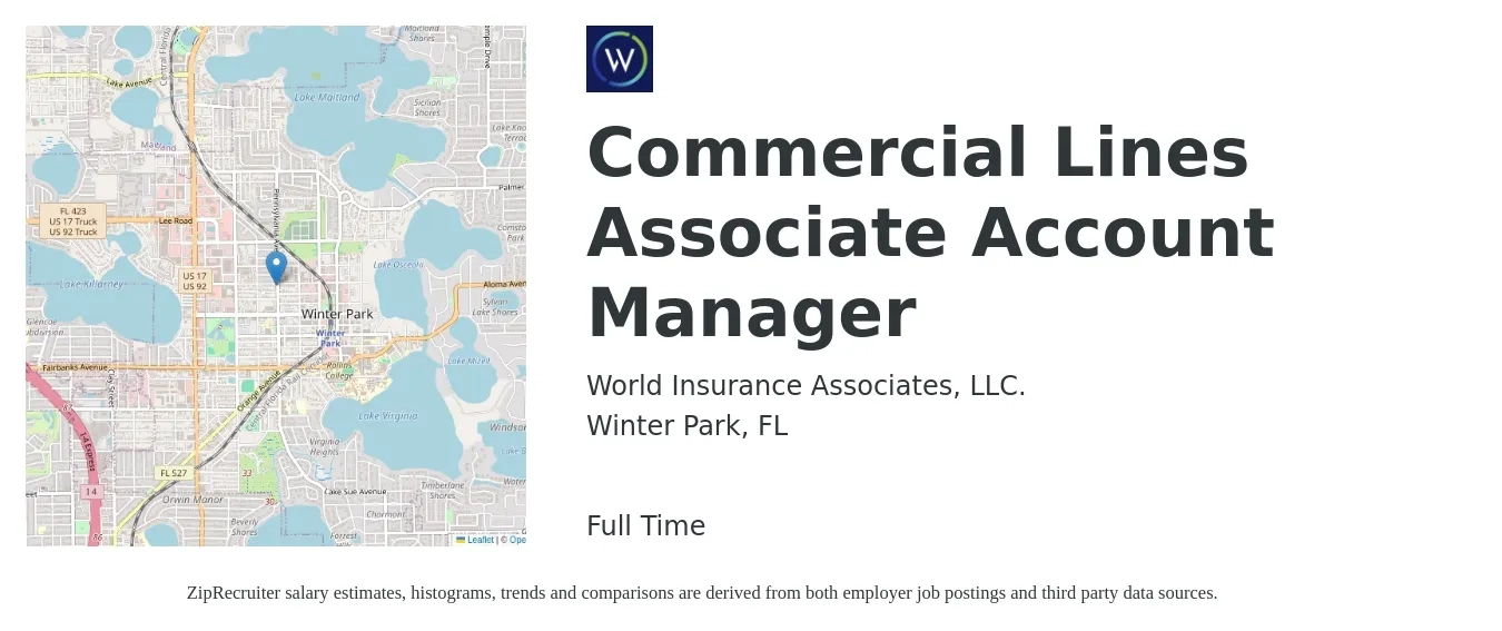 World Insurance Associates, LLC. job posting for a Commercial Lines Associate Account Manager in Winter Park, FL with a salary of $52,300 to $75,900 Yearly with a map of Winter Park location.