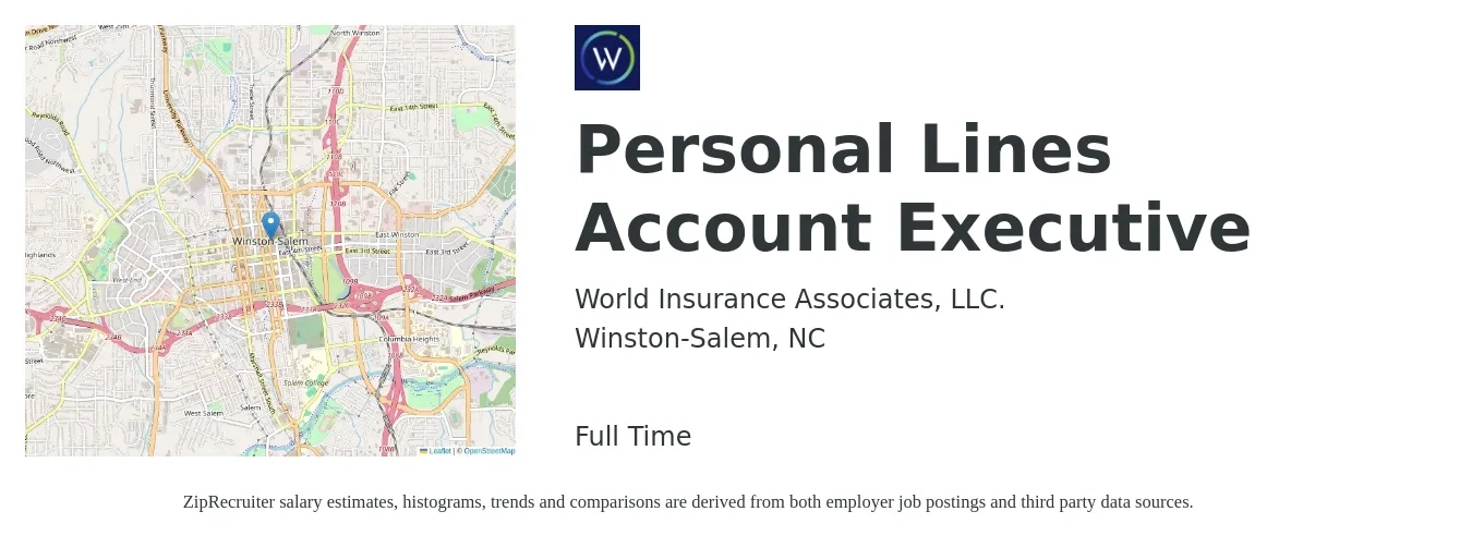 World Insurance Associates, LLC. job posting for a Personal Lines Account Executive in Winston-Salem, NC with a salary of $46,600 to $66,900 Yearly with a map of Winston-Salem location.