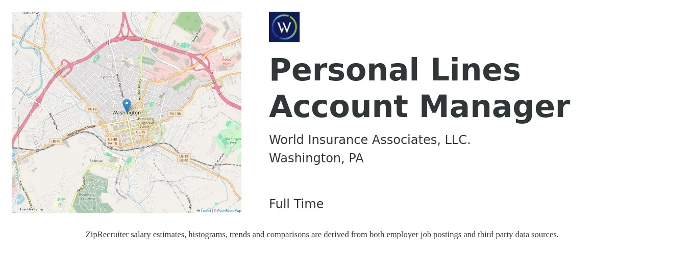 World Insurance Associates, LLC. job posting for a Personal Lines Account Manager in Washington, PA with a salary of $41,800 to $56,700 Yearly with a map of Washington location.