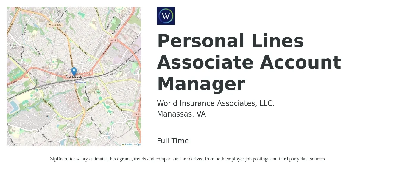 World Insurance Associates, LLC. job posting for a Personal Lines Associate Account Manager in Manassas, VA with a salary of $45,000 to $61,000 Yearly with a map of Manassas location.