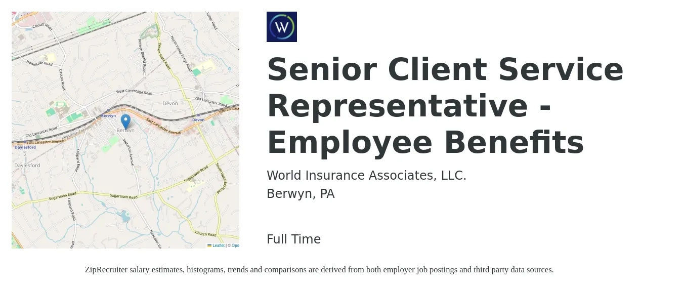 World Insurance Associates, LLC. job posting for a Senior Client Service Representative - Employee Benefits in Berwyn, PA with a salary of $18 to $26 Hourly with a map of Berwyn location.