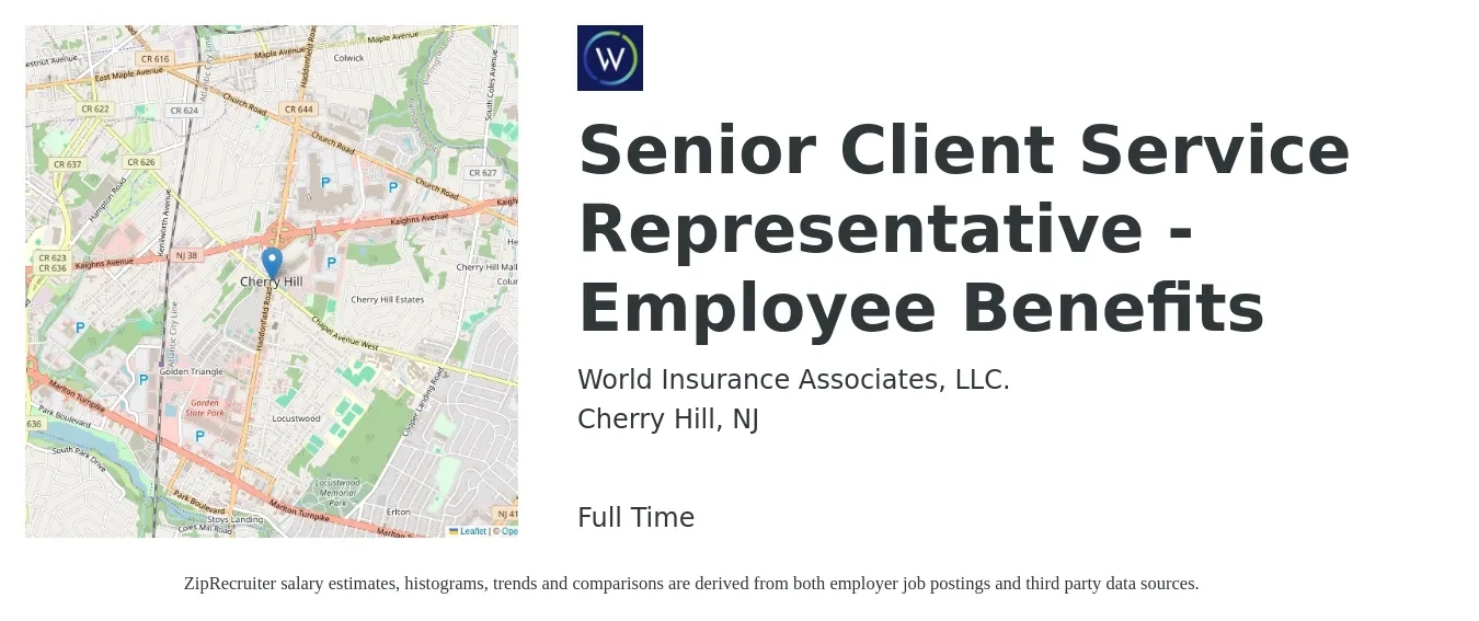 World Insurance Associates, LLC. job posting for a Senior Client Service Representative - Employee Benefits in Cherry Hill, NJ with a salary of $19 to $26 Hourly with a map of Cherry Hill location.