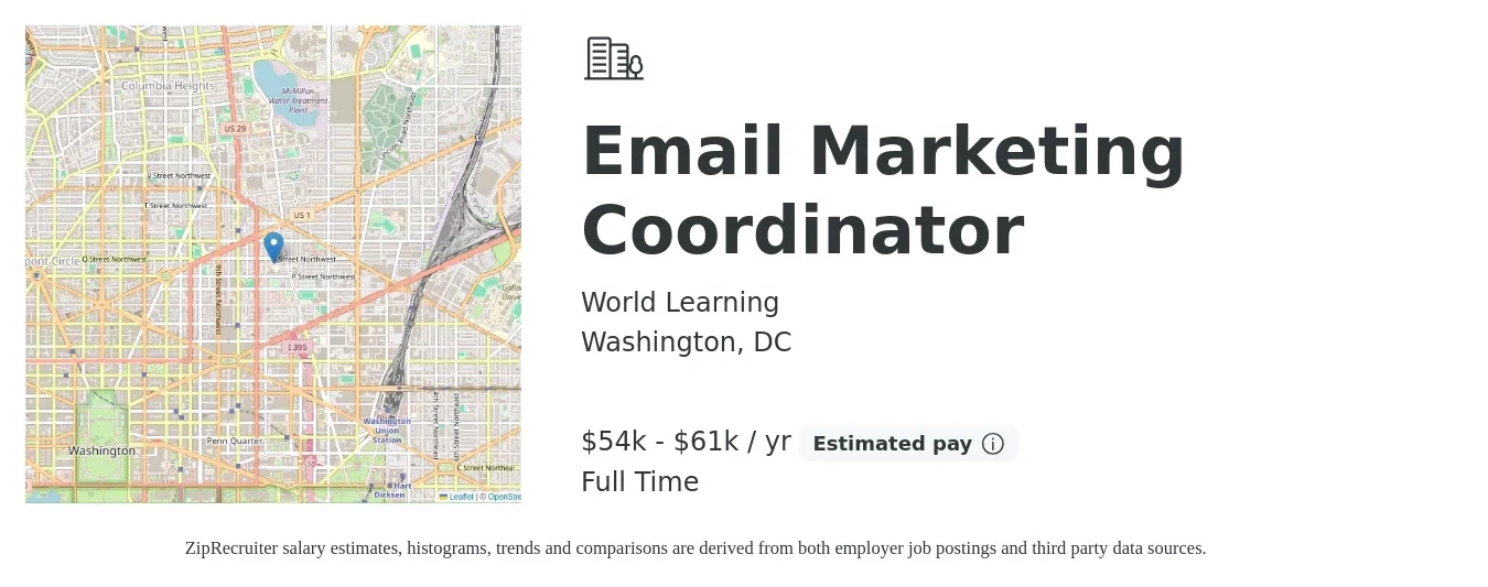 World Learning job posting for a Email Marketing Coordinator in Washington, DC with a salary of $54,384 to $61,182 Yearly with a map of Washington location.