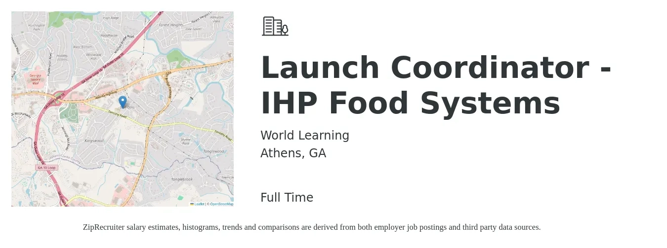 World Learning job posting for a Launch Coordinator - IHP Food Systems in Athens, GA with a salary of $43,500 to $64,700 Yearly with a map of Athens location.