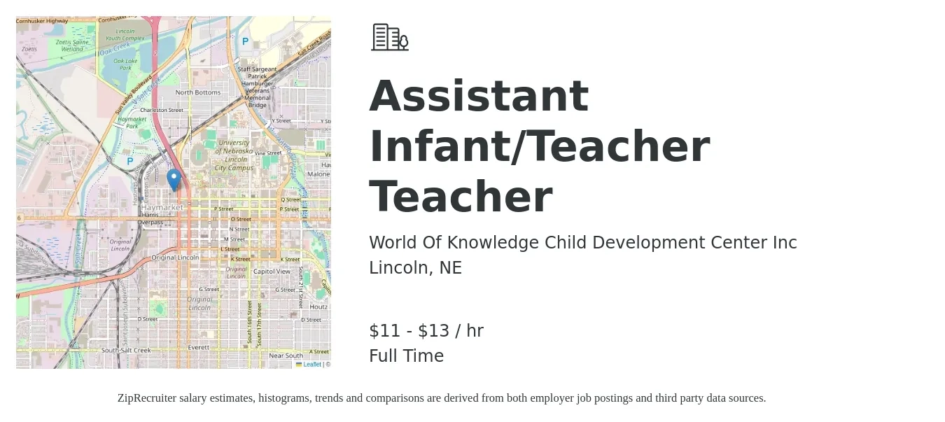 World Of Knowledge Child Development Center Inc job posting for a Assistant Infant/Teacher Teacher in Lincoln, NE with a salary of $12 to $14 Hourly with a map of Lincoln location.