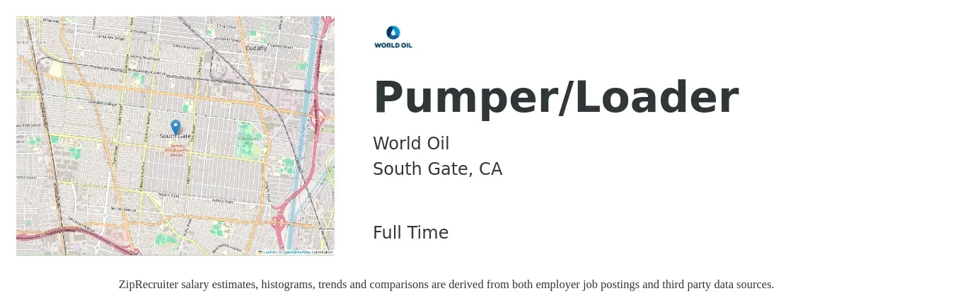 World Oil job posting for a Pumper/Loader in South Gate, CA with a salary of $20 to $34 Hourly with a map of South Gate location.