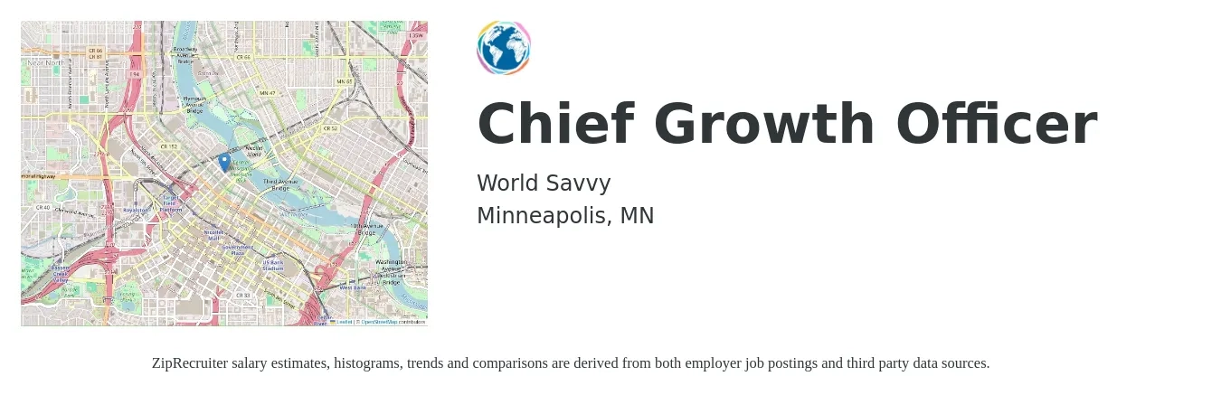 World Savvy job posting for a Chief Growth Officer in Minneapolis, MN with a salary of $146,000 to $156,000 Yearly with a map of Minneapolis location.