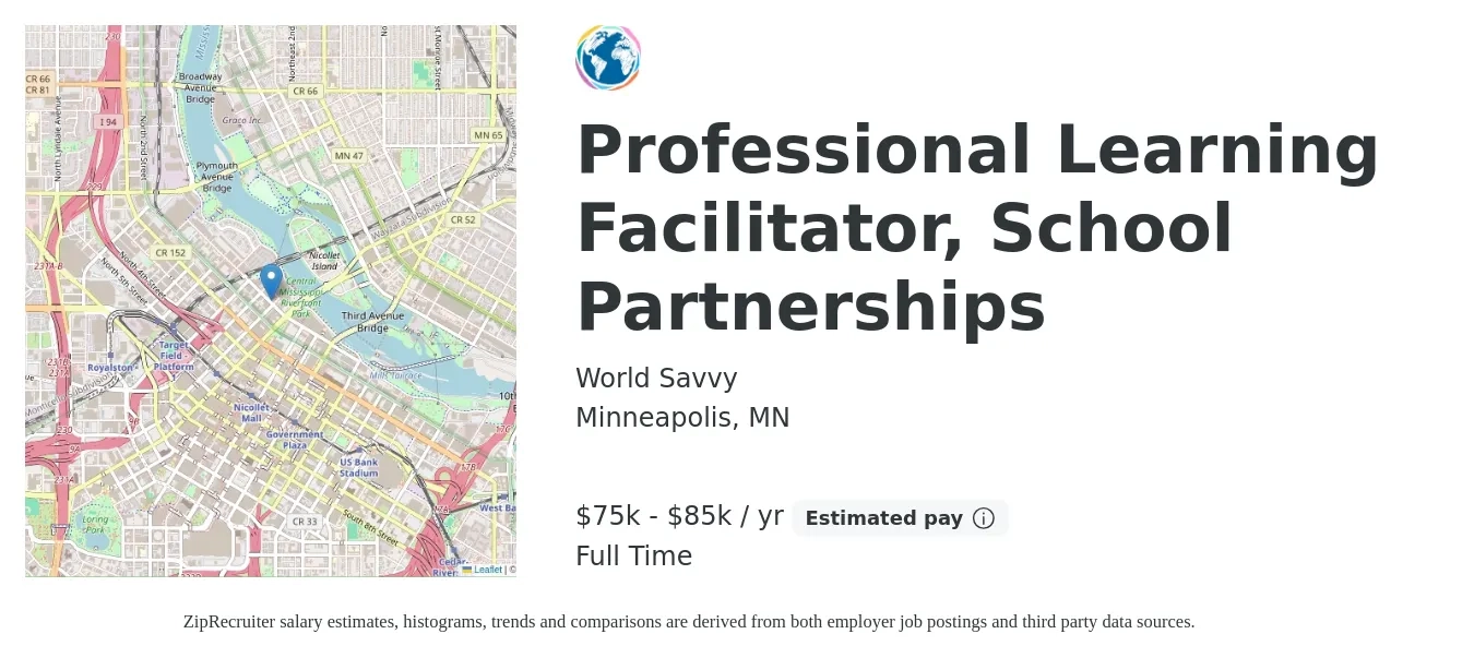 World Savvy job posting for a Professional Learning Facilitator, School Partnerships in Minneapolis, MN with a salary of $75,000 to $85,000 Yearly with a map of Minneapolis location.