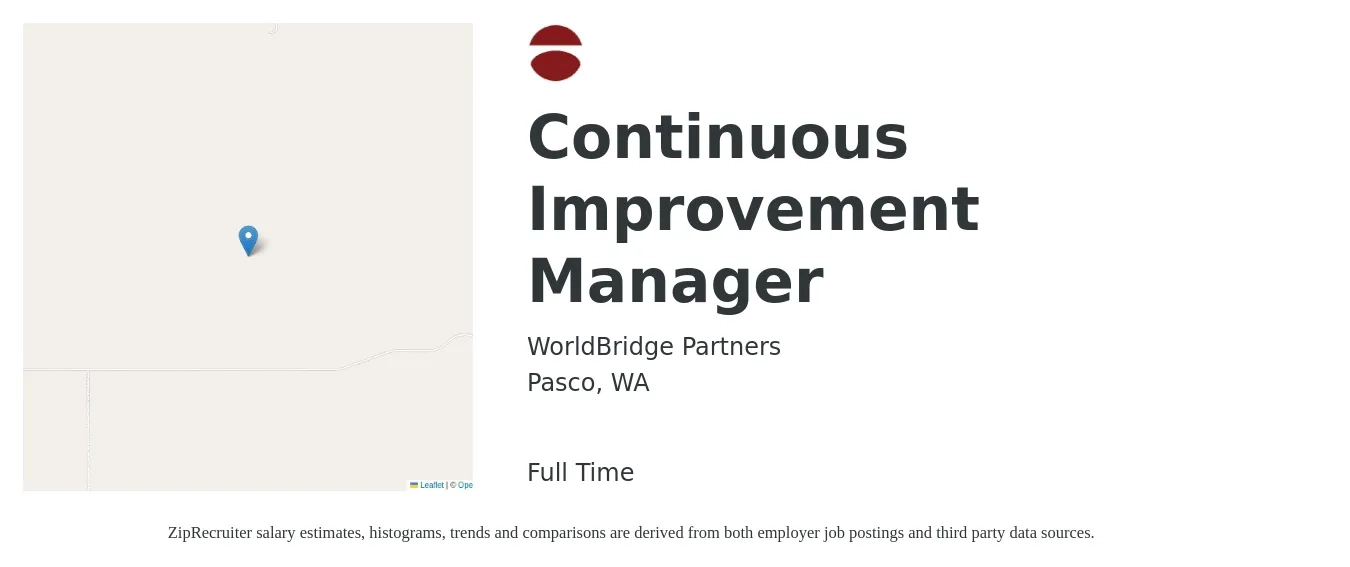 WorldBridge Partners job posting for a Continuous Improvement Manager in Pasco, WA with a salary of $95,700 to $128,700 Yearly with a map of Pasco location.