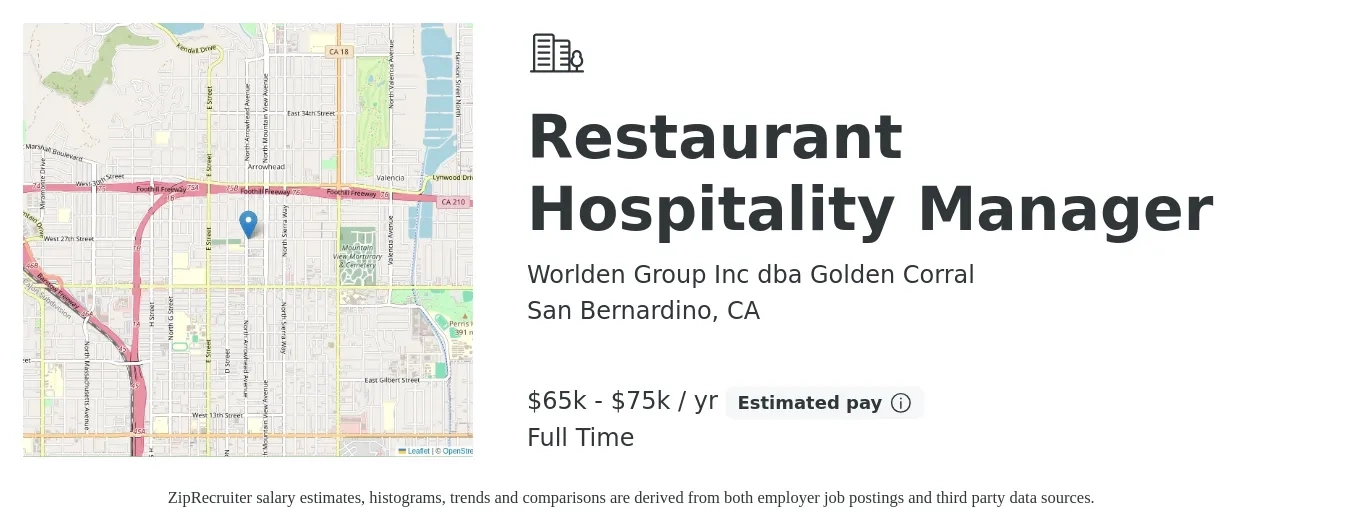 Worlden Group Inc dba Golden Corral job posting for a Restaurant Hospitality Manager in San Bernardino, CA with a salary of $65,000 to $75,000 Yearly with a map of San Bernardino location.