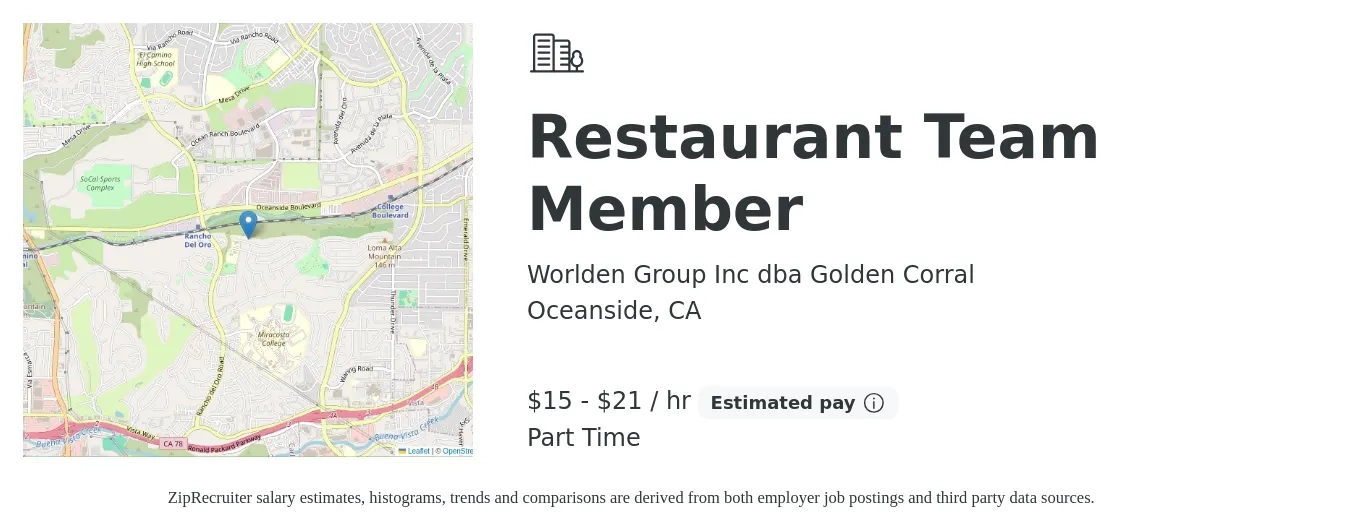 Worlden Group Inc dba Golden Corral job posting for a Restaurant Team Member in Oceanside, CA with a salary of $16 to $22 Hourly with a map of Oceanside location.