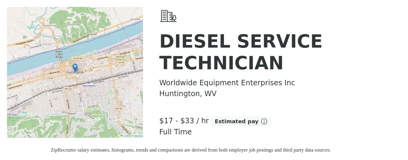 Worldwide Equipment Enterprises Inc job posting for a DIESEL SERVICE TECHNICIAN in Huntington, WV with a salary of $18 to $35 Hourly with a map of Huntington location.