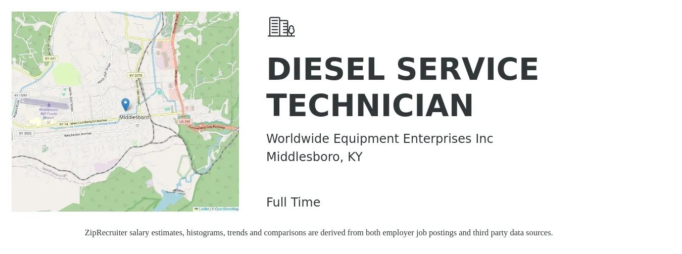 Worldwide Equipment Enterprises Inc job posting for a DIESEL SERVICE TECHNICIAN in Middlesboro, KY with a salary of $23 to $30 Hourly with a map of Middlesboro location.