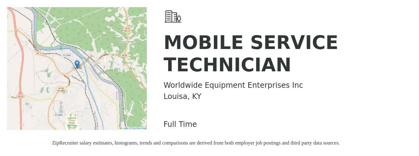 Worldwide Equipment Enterprises Inc job posting for a MOBILE SERVICE TECHNICIAN in Louisa, KY with a salary of $17 to $24 Hourly with a map of Louisa location.