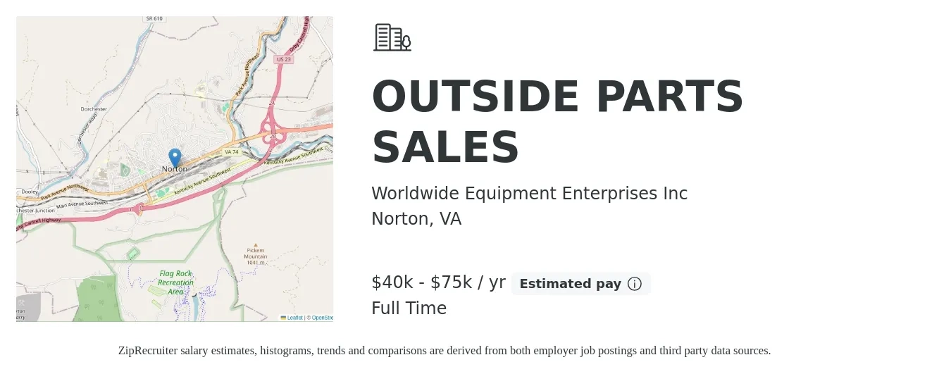 Worldwide Equipment Enterprises Inc job posting for a OUTSIDE PARTS SALES in Norton, VA with a salary of $40,000 to $75,000 Yearly with a map of Norton location.