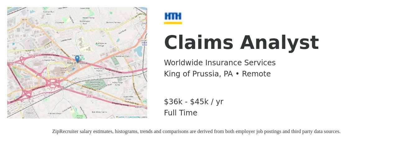 Worldwide Insurance Services job posting for a Claims Analyst in King of Prussia, PA with a salary of $36,245 to $45,306 Yearly with a map of King of Prussia location.
