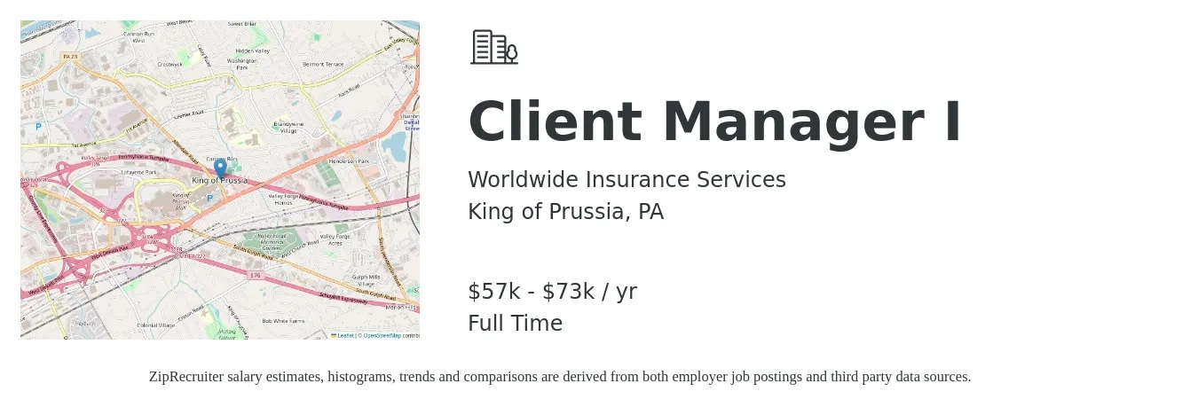 Worldwide Insurance Services job posting for a Client Manager I in King of Prussia, PA with a salary of $57,411 to $73,199 Yearly with a map of King of Prussia location.