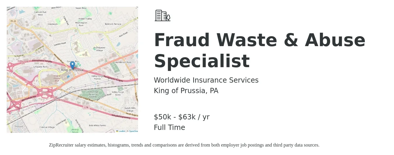 Worldwide Insurance Services job posting for a Fraud Waste & Abuse Specialist in King of Prussia, PA with a salary of $50,921 to $63,651 Yearly with a map of King of Prussia location.