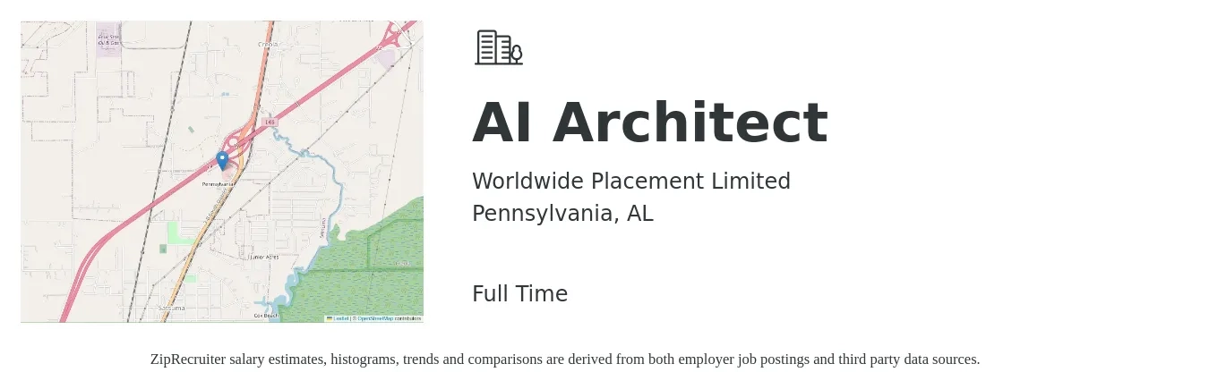 Worldwide Placement Limited job posting for a AI Architect in Pennsylvania, AL with a salary of $138,100 to $200,100 Yearly with a map of Pennsylvania location.