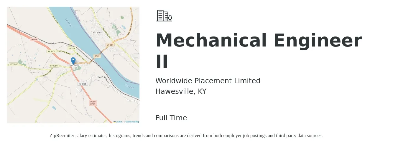 Worldwide Placement Limited job posting for a Mechanical Engineer II in Hawesville, KY with a salary of $67,700 to $105,100 Yearly with a map of Hawesville location.