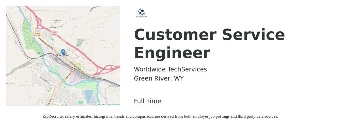 Worldwide TechServices job posting for a Customer Service Engineer in Green River, WY with a salary of $75,200 to $96,700 Yearly with a map of Green River location.