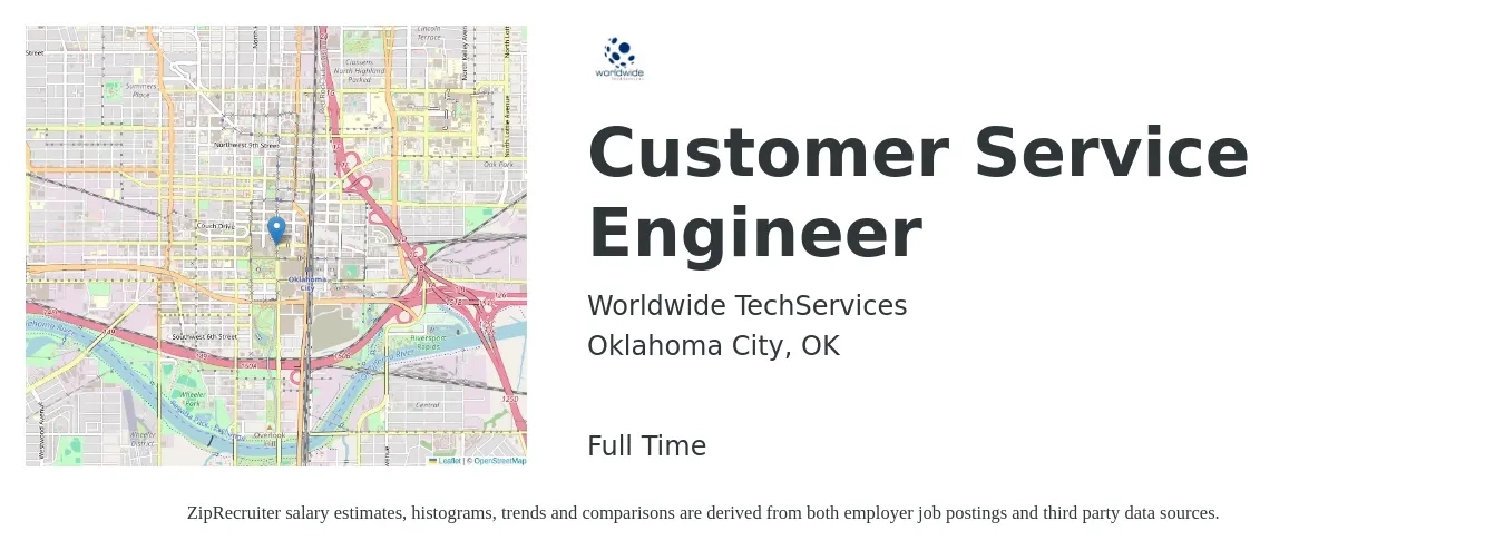 Worldwide TechServices job posting for a Customer Service Engineer in Oklahoma City, OK with a salary of $65,000 to $83,600 Yearly with a map of Oklahoma City location.
