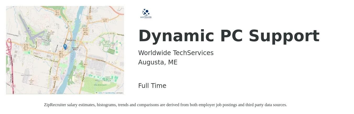 Worldwide TechServices job posting for a Dynamic PC Support in Augusta, ME with a salary of $17 Hourly with a map of Augusta location.