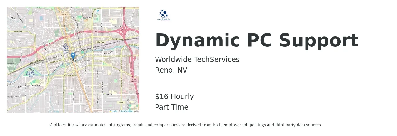 Worldwide TechServices job posting for a Dynamic PC Support in Reno, NV with a salary of $17 Hourly with a map of Reno location.