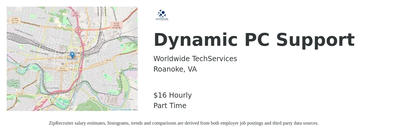 Worldwide TechServices job posting for a Dynamic PC Support in Roanoke, VA with a salary of $17 Hourly with a map of Roanoke location.