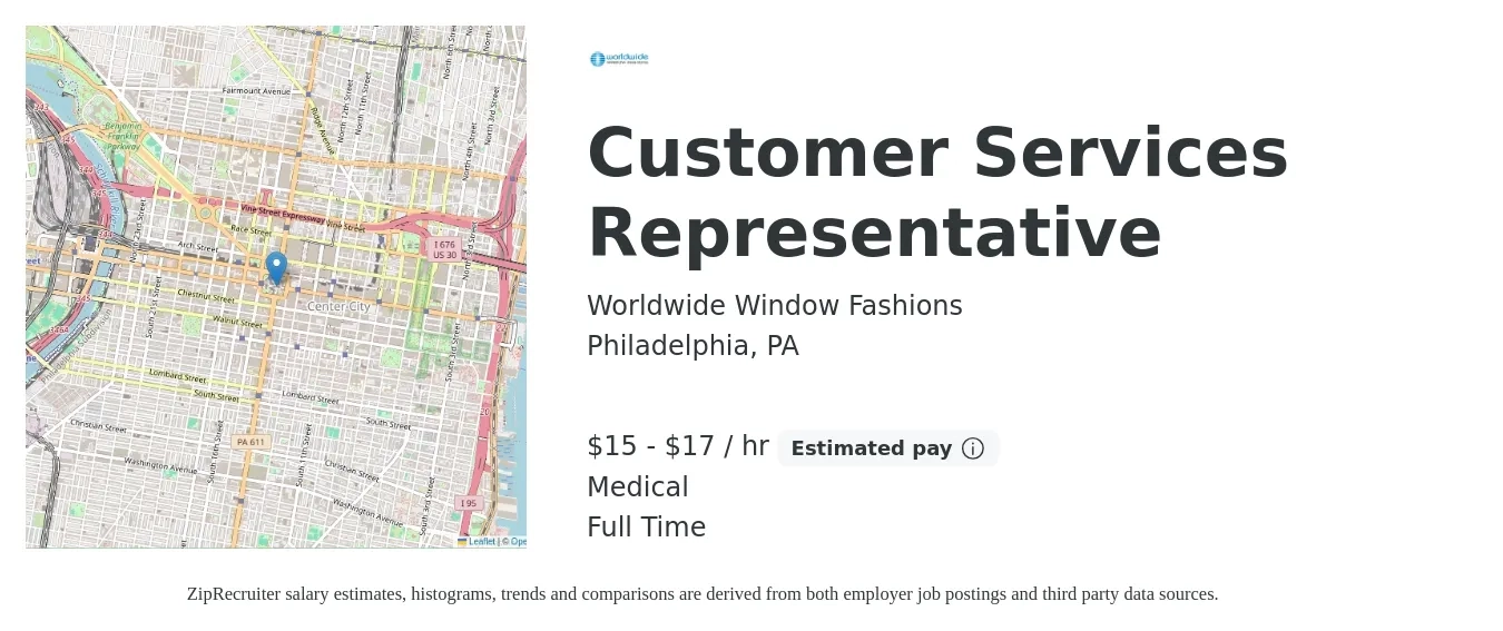Worldwide Window Fashions job posting for a Customer Services Representative in Philadelphia, PA with a salary of $16 to $18 Hourly and benefits including medical, pto, and retirement with a map of Philadelphia location.