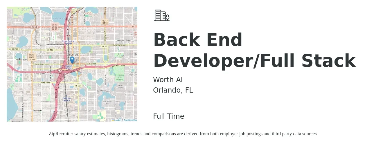 Worth AI job posting for a Back End Developer/Full Stack in Orlando, FL with a salary of $48 to $66 Hourly with a map of Orlando location.