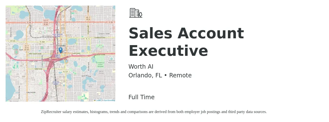 Worth AI job posting for a Sales Account Executive in Orlando, FL with a salary of $49,900 to $78,400 Yearly with a map of Orlando location.