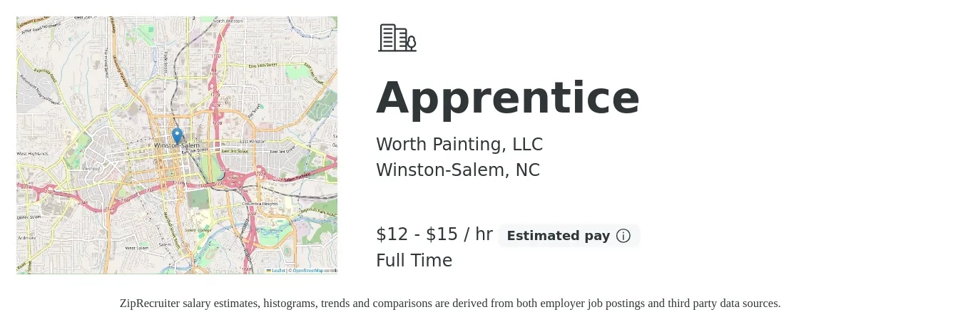 Worth Painting, LLC job posting for a Apprentice in Winston-Salem, NC with a salary of $16 to $20 Hourly with a map of Winston-Salem location.