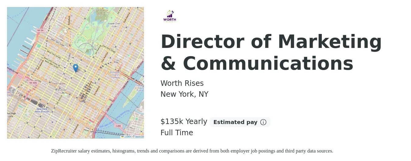 Worth Rises job posting for a Director of Marketing & Communications in New York, NY with a salary of $135,000 Yearly with a map of New York location.