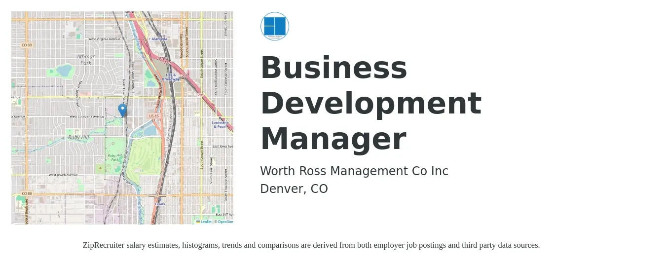 Worth Ross Management Co Inc job posting for a Business Development Manager in Denver, CO with a salary of $75,000 to $85,000 Yearly with a map of Denver location.