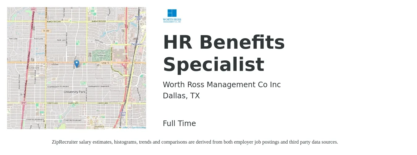 Worth Ross Management Co Inc job posting for a HR Benefits Specialist in Dallas, TX with a salary of $42,100 to $63,300 Yearly with a map of Dallas location.