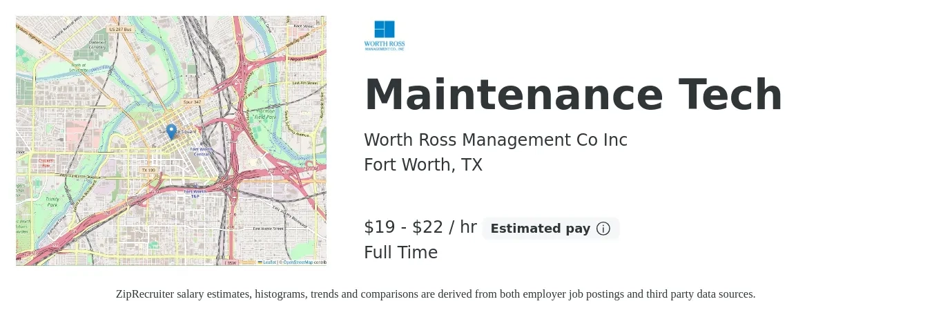 Worth Ross Management Co Inc job posting for a Maintenance Tech in Fort Worth, TX with a salary of $20 to $23 Hourly with a map of Fort Worth location.