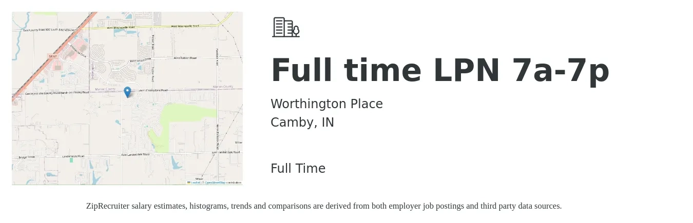 Worthington Place job posting for a Full time LPN 7a-7p in Camby, IN with a salary of $26 to $35 Hourly with a map of Camby location.
