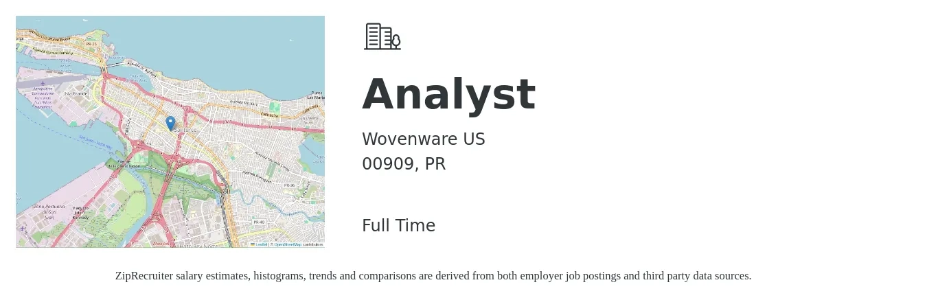 Wovenware US job posting for a Analyst in 00909, PR with a salary of $56,100 to $87,800 Yearly with a map of 00909 location.