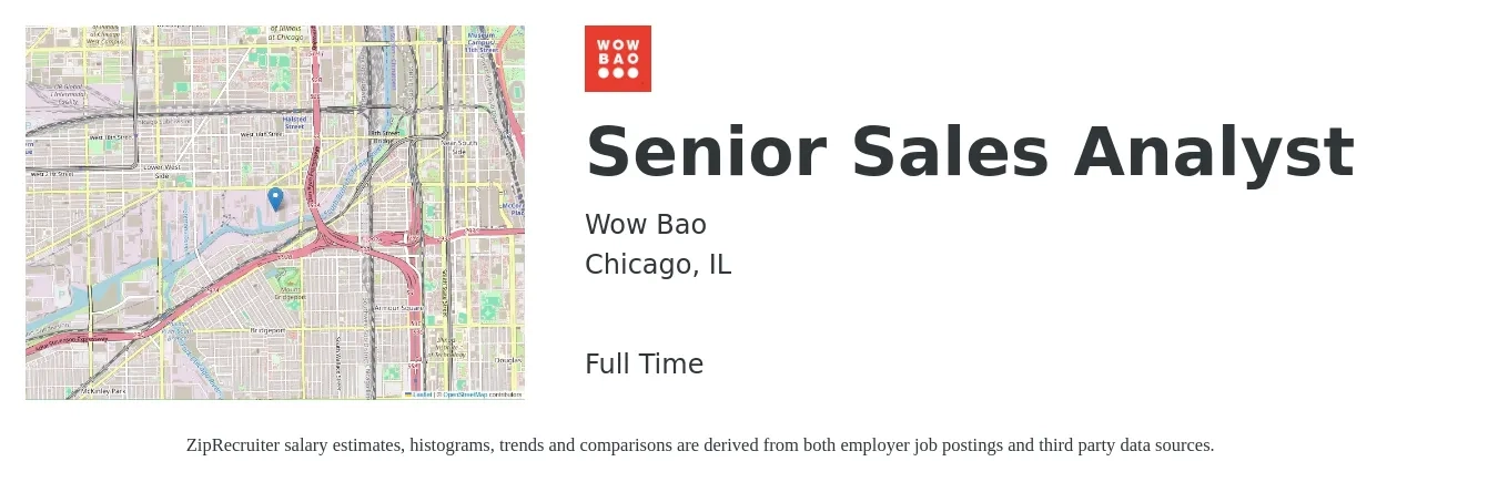 Wow Bao job posting for a Senior Sales Analyst in Chicago, IL with a salary of $87,000 to $112,300 Yearly with a map of Chicago location.
