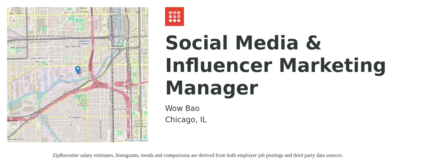 Wow Bao job posting for a Social Media & Influencer Marketing Manager in Chicago, IL with a salary of $48,900 to $78,800 Yearly with a map of Chicago location.