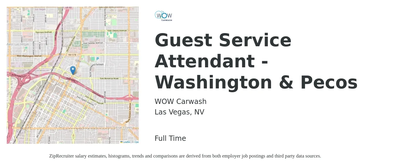 WOW Carwash job posting for a Guest Service Attendant - Washington & Pecos in Las Vegas, NV with a salary of $12 to $13 Hourly with a map of Las Vegas location.