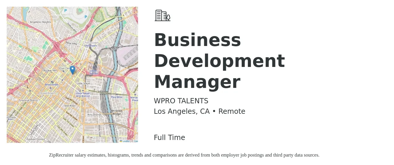 WPRO TALENTS job posting for a Business Development Manager in Los Angeles, CA with a salary of $65,700 to $107,800 Yearly with a map of Los Angeles location.
