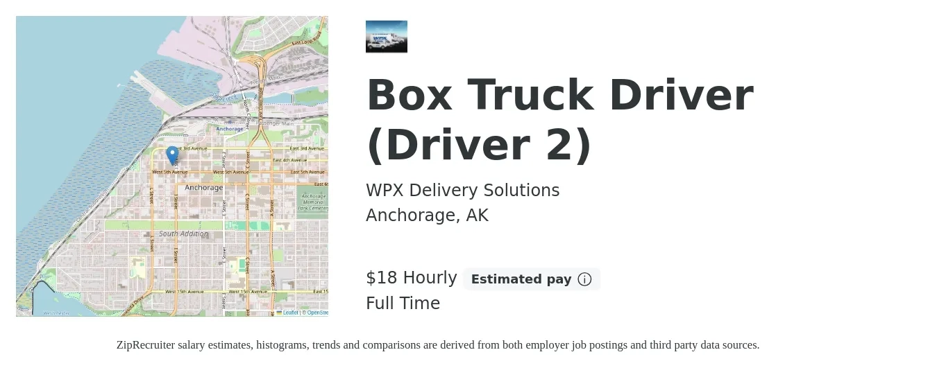 WPX Delivery Solutions job posting for a Box Truck Driver (Driver 2) in Anchorage, AK with a salary of $19 Hourly with a map of Anchorage location.