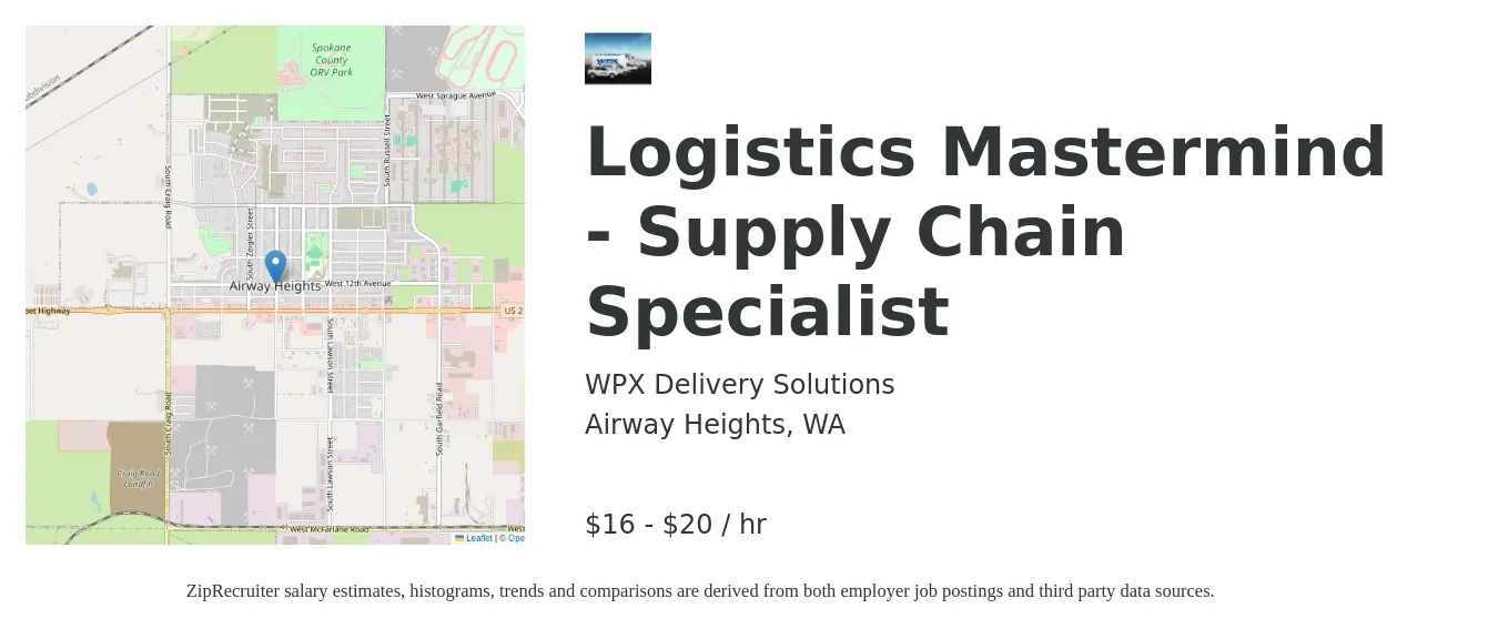 WPX Delivery Solutions job posting for a Logistics Mastermind - Supply Chain Specialist in Airway Heights, WA with a salary of $18 to $22 Hourly with a map of Airway Heights location.